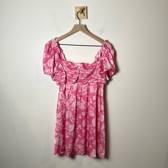 New B. Darlin Puff Short Sleeve Square Neck Pink Floral Smocked Babydoll Dress - Picture 1 of 11